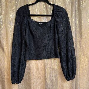 Express Black Sheer Lace Balloon Sleeve Cropped Sweetheart Top Small NWT